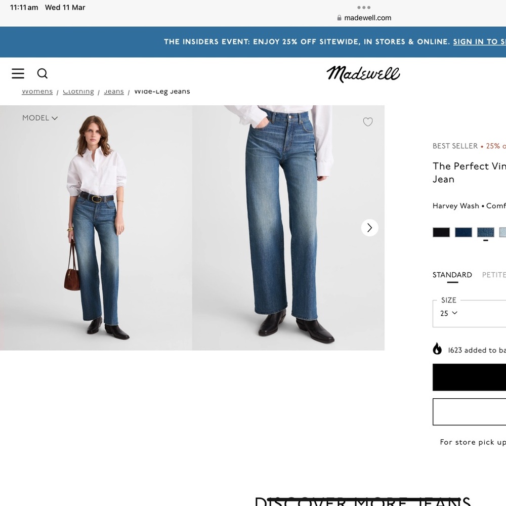 Madewell The Perfect Vintage Wide Leg Jean Brand New Size 25 - Harvey Wash